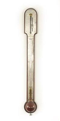 Lot 1074 - GEORGE BURTON, LONDON. A LATE GEORGIAN MAHOGANY STICK BAROMETER/THERMOMETER