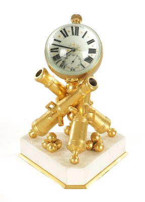 Lot 1080 - A 19TH CENTURY FRENCH GILT BRASS AND WHITE MARBLE INDUSTRIAL DESK CLOCK