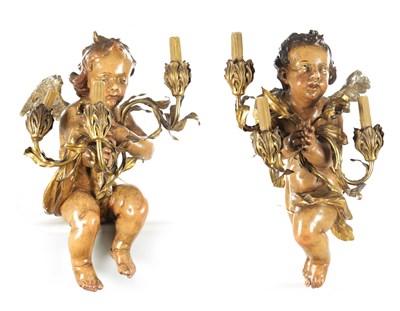 Lot 813 - AN UNUSUAL PAIR OF 19TH CENTURY ITALIAN CARVED WOOD AND ORMOLU MOUNTED WALL MOUNTED CANDELABRA