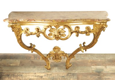 Lot 1394 - A 19TH CENTURY FRENCH ROCOCO STYLE CARVED GILT WOOD CONSOLE TABLE