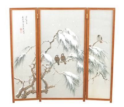 Lot 188 - A JAPANESE MEIJI PERIOD THREE-FOLD WATERCOLOUR FRAMED SCREEN