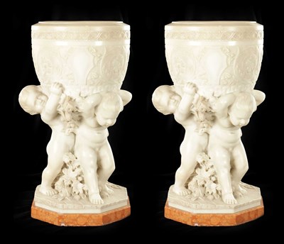 Lot 657 - AN IMPRESSIVE PAIR OF ART DECO ITALIAN CARRERA MARBLE URNS