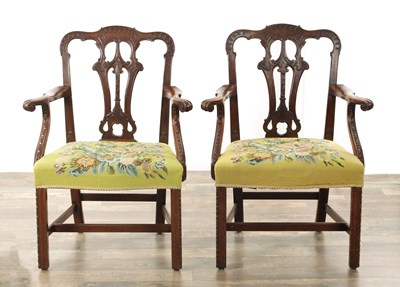 Lot 1354 - A PAIR OF 18TH CENTURY MAHOGANY CHIPPENDALE STYLE OPEN ARMCHAIRS