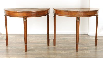 Lot 1345 - A DECORATIVE PAIR OF 19TH CENTURY MAHOGANY DEMI LUNE SIDE TABLES