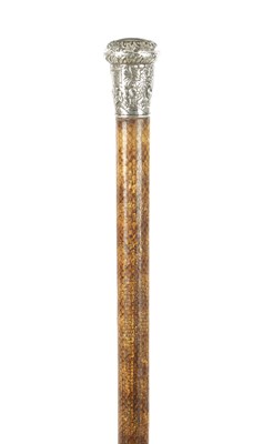 Lot 449 - A 19TH CENTURY CHINESE SILVER-MOUNTED SNAKESKIN WALKING CANE