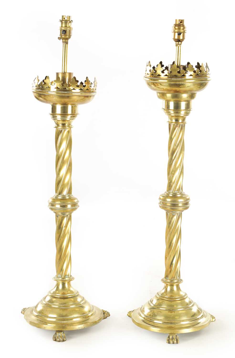 Lot 878 - A PAIR OF 19TH CENTURY BRASS TABLE LAMPS CONVERTED FROM CANDLESTICKS