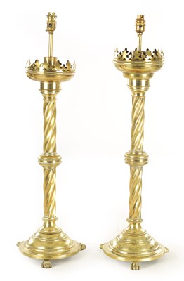 Lot 878 - A PAIR OF 19TH CENTURY BRASS TABLE LAMPS CONVERTED FROM CANDLESTICKS