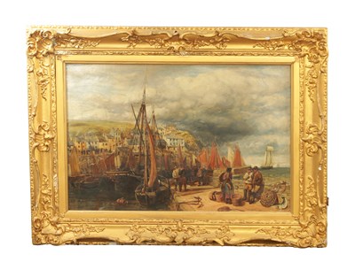 Lot 917 - CHARLES THOMAS BURT (1823-1902). A 19TH CENTURY OIL ON CANVAS HARBOUR SCENE WITH FISHER FOLK ON THE QUAYSIDE