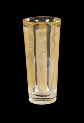 Lot 7 - A RENE LALIQUE SEPIA STAINED SIX FIGURINE SHOT GLASS