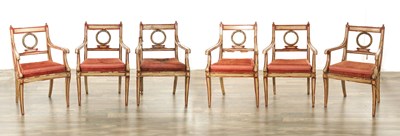 Lot 1310 - A SET OF SIX REGENCY STYLE PAINTED DINING CHAIRS IN THE MANNER OF HENRY HOLLAND