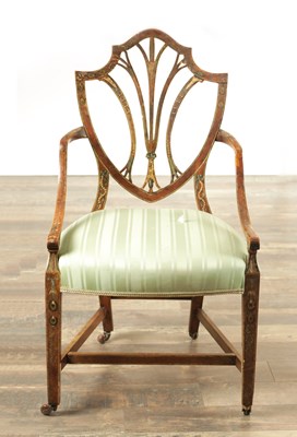 Lot 1342 - A GEORGE III PAINTED MAHOGANY SHERATON STYLE OPEN ARMCHAIR