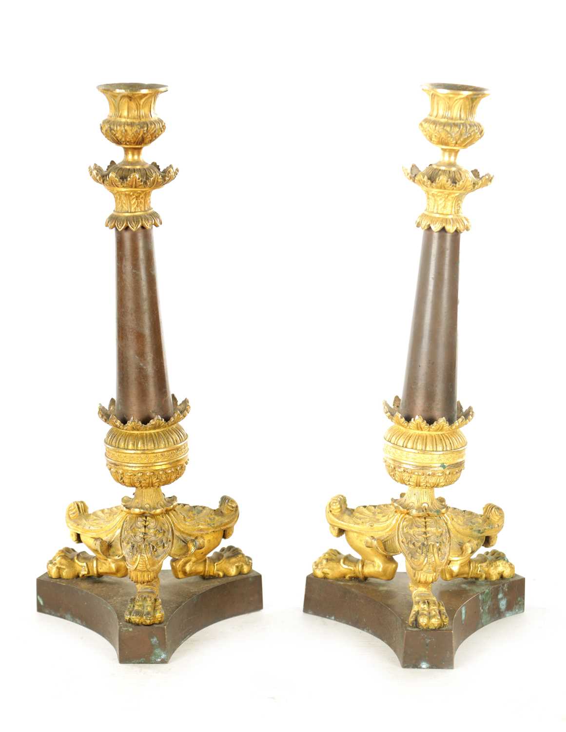 Lot 882 - A GOOD PAIR OF 19TH CENTURY FRENCH EMPIRE BRONZE AND GILT BRONZE CANDLESTICKS