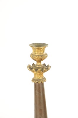 Lot 882 - A GOOD PAIR OF 19TH CENTURY FRENCH EMPIRE BRONZE AND GILT BRONZE CANDLESTICKS