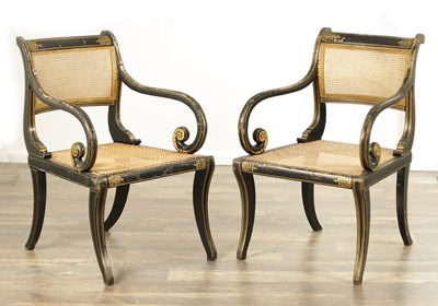 Lot 1306 - A RARE PAIR OF REGENCY PAINTED BERGERE LIBRARY CHAIRS BY JOHN GEE