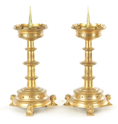 Lot 879 - A GOOD PAIR OF 19TH CENTURY GILT BRASS PRICKET STICKS