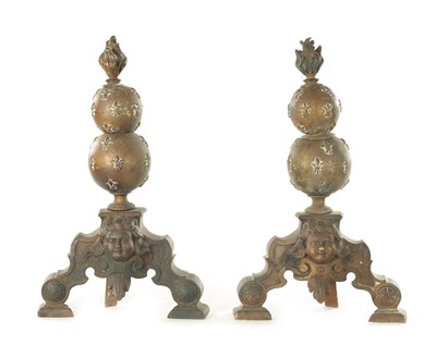 Lot 884 - A PAIR OF 19TH CENTURY BRASS FIRE DOGS