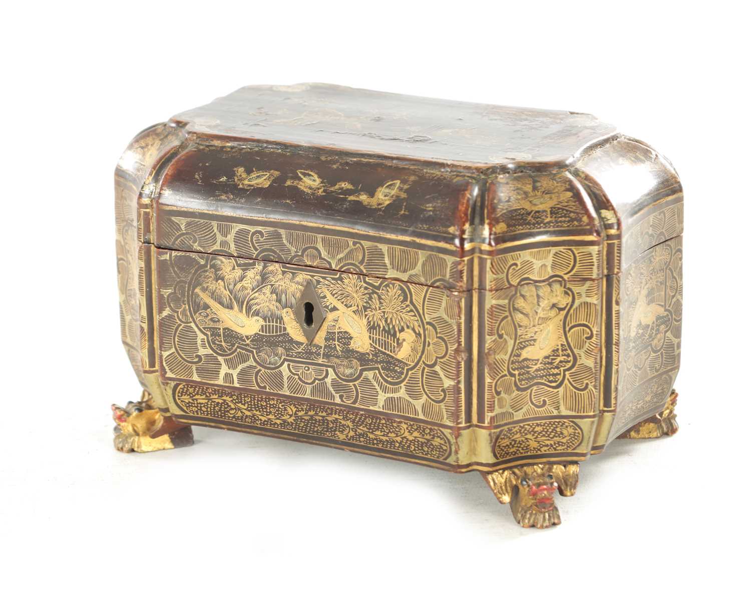 Lot 1183 - A 19TH CENTURY CHINOISERIE BROWN AND GILT-DECORATED LACQUERWORK TEA CADDY