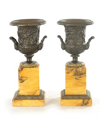 Lot 648 - A GOOD PAIR OF 19TH CENTURY GRAND TOUR ITALIAN BRONZE AND SIENNA MARBLE CAMPANA