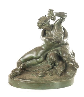 Lot 741 - A 19TH CENTURY GREEN PATINATED BRONZE SCULPTURE OF SATYR AND NYMPH