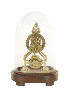 Lot 1044 - A LATE 19TH CENTURY MINIATURE BRASS FRAMED SKELETON CLOCK UNDER DOME