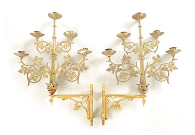 Lot 652 - A PAIR OF LATE 19TH CENTURY GILT BRASS HANGING CANDELABRA