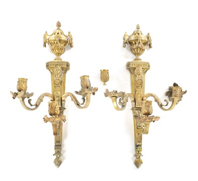 Lot 851 - A PAIR OF LATE 19TH CENTURY GILT BRASS ADAM STYLE THREE BRANCH WALL HANGING CANDELABRA