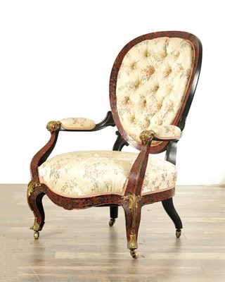 Lot 1288 - A 19TH CENTURY FRENCH TORTOISESHELL BOULLE WORK UPHOLSTERED DRAWING ROOM CHAIR