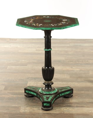 Lot 1253 - A FINE MID 19TH CENTURY DERBYSHIRE BLACK SLATE AND MALACHITE BANDED PIETRA DURA CENTRE TABLE