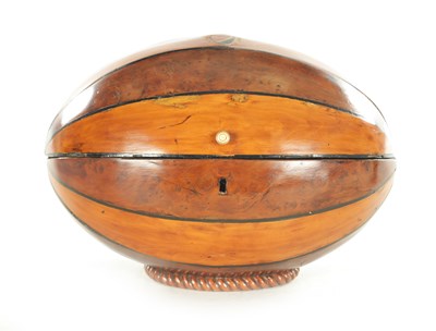 Lot 1212 - A LATE GEORGIAN SEGMENTED SATINWOOD AND BURR YEW DESK BOX FORMED AS A RUGBY BALL