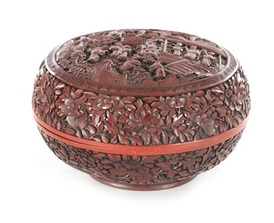 Lot 181 - A 19TH CENTURY CHINESE CINNABAR LACQUER BOWL AND COVER OF LARGE SIZE