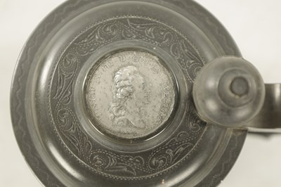 Lot 653 - A 19TH CENTURY SWEDISH COMMEMORATIVE OAK AND PEWTER TANKARD