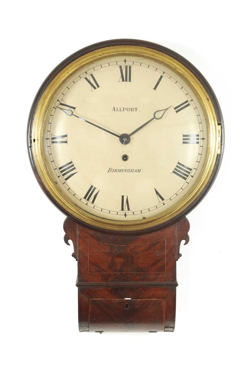 Lot 1027 - ALLPORT, BIRMINGHAM. AN EARLY 19TH CENTURY 16.5" CONVEX WOODEN TRUNK DIAL WALL WEIGHT DRIVEN WALL CLOCK