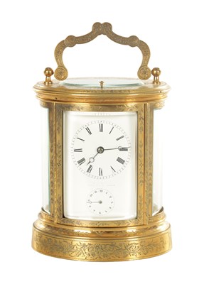 Lot 1119 - JAPY FRERES AND CO. A 19TH CENTURY ENGRAVED GILT OVAL CASED REPEATING FRENCH CARRIAGE CLOCK