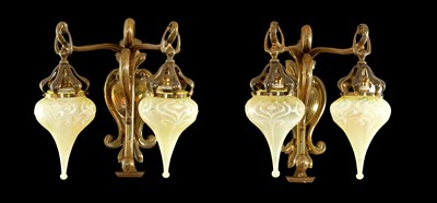 Lot 656 - W.A.S BENSON. A PAIR OF ART NOUVEAU DOUBLE BRANCH HANGING WALL LIGHTS