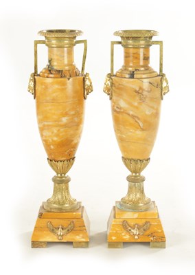 Lot 644 - A PAIR OF LATE 19TH CENTURY ORMOLU MOUNTED SIENNA MARBLE URNS