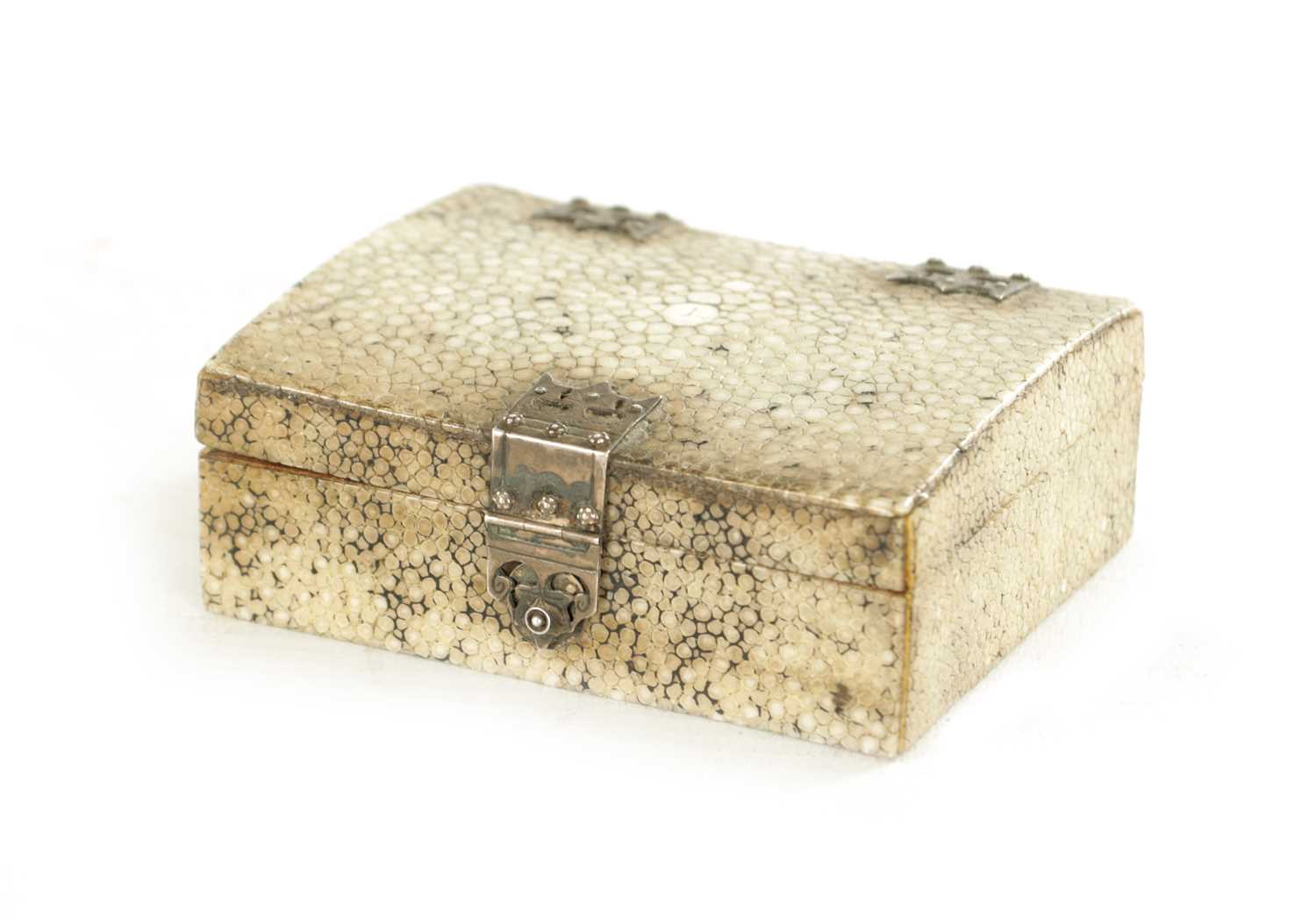 Lot 736 - A 19TH CENTURY SHAGREEN AND SILVER LIDDED BOX