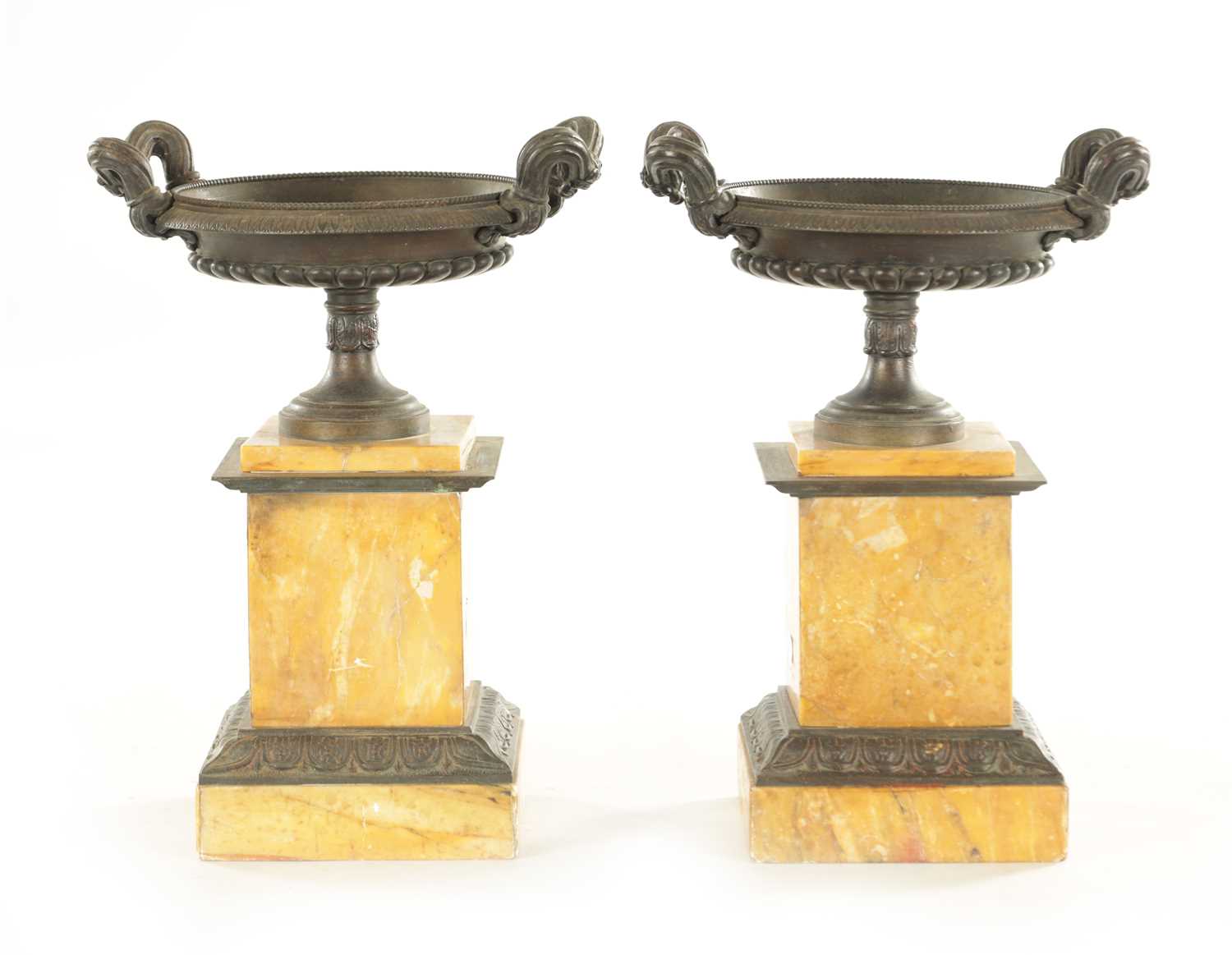 Lot 712 - A PAIR OF 19TH CENTURY REGENCY STYLE BRONZE AND SIENNA MARBLE TAZZAS