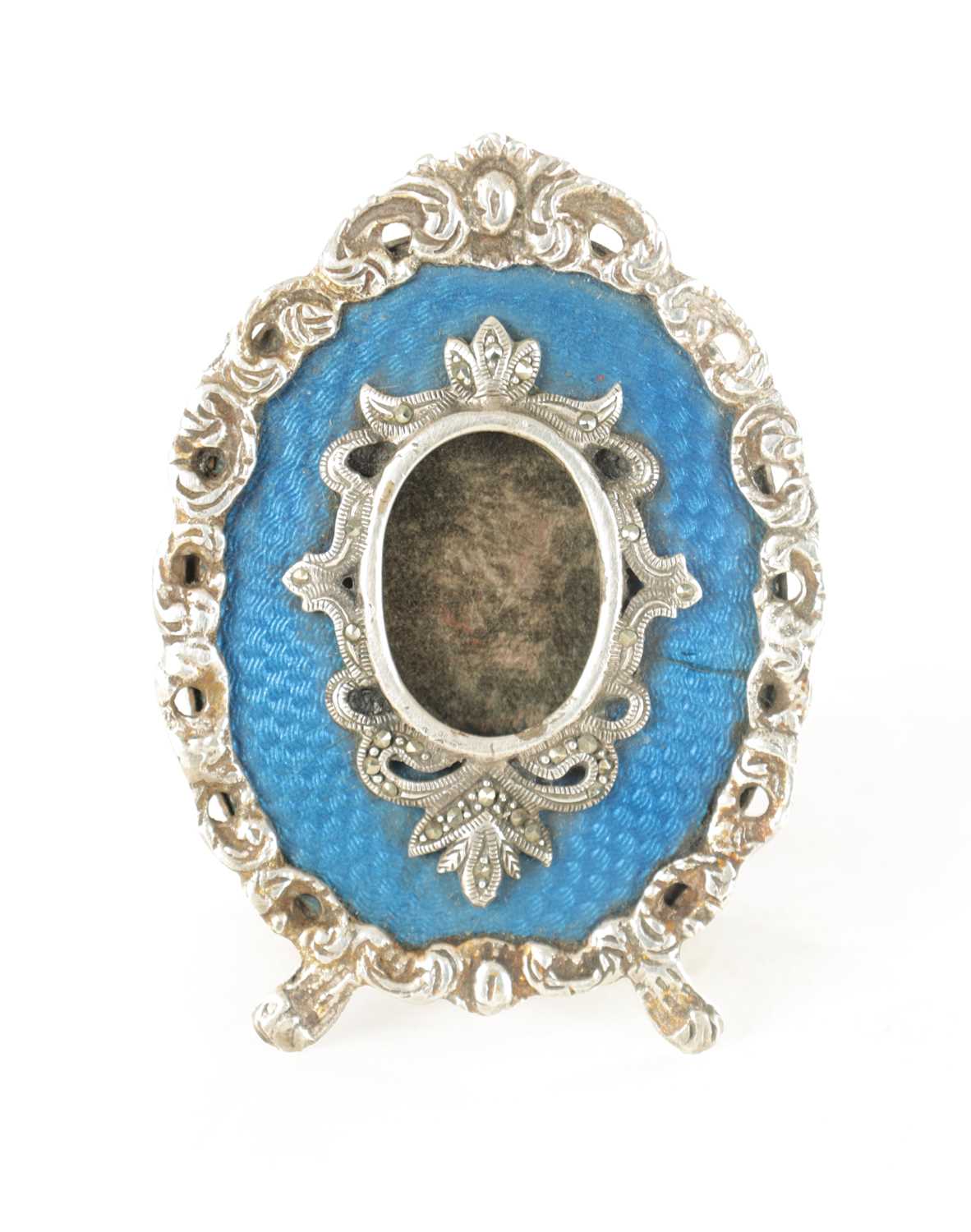 Lot 373 - A 19TH CENTURY RUSSIAN SILVER AND BLUE GUILLOCHE ENAMEL MINIATURE PHOTO FRAME