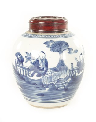 Lot 106 - AN EARLY CHINESE BLUE AND WHITE GINGER JAR WITH LATER HARDWOOD COVER