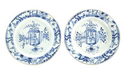 Lot 95 - A PAIR OF LARGE CHINESE QING DYNASTY BLUE AND WHITE PORCELAIN CHARGERS