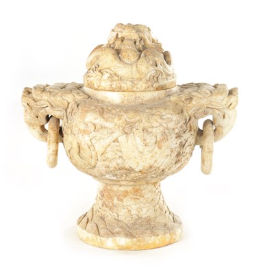 Lot 99 - AN 18TH / 19TH CENTURY CHINESE CARVED SOAPSTONE LIDDED CENSER