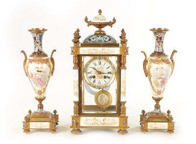 Lot 1008 - A FINE LATE 19TH CENTURY FRENCH ORMOLU PORCELAIN AND CHAMPLEVE ENAMELLED THREE PEICE CLOCK GUARNITURE