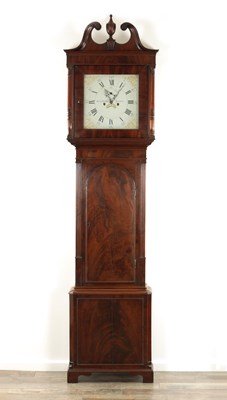 Lot 1133 - ENOCH HAWKSEY, NANTWICH A GEORGE III EIGHT-DAY FIGURED MAHOGANY LONGCASE CLOCK