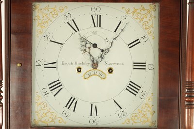 Lot 1133 - ENOCH HAWKSEY, NANTWICH A GEORGE III EIGHT-DAY FIGURED MAHOGANY LONGCASE CLOCK