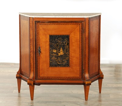 Lot 1415 - AN 18TH CENTURY SATINWOOD AND LACQUERWORK SIDE CABINET