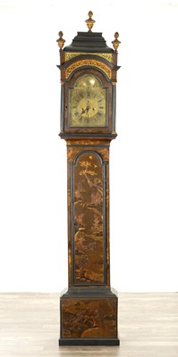 Lot 1077 - PAUL RIMBAULT, LONDON. AN EARLY 18TH CENTURY EIGHT-DAY LACQUER WORK LONGCASE CLOCK