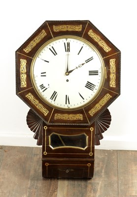 Lot 1045 - A LATE REGENCY BRASS INLAID CONVEX DIAL FUSEE WALL CLOCK