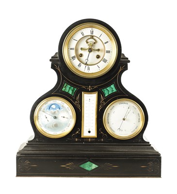 Lot 1092 - A 19TH CENTURY BLACK SLATE EIGHT-DAY MANTEL CLOCK WITH CALENDER DIALS