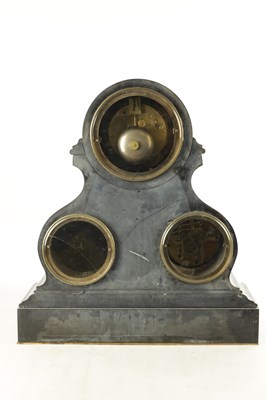 Lot 1092 - A 19TH CENTURY BLACK SLATE EIGHT-DAY MANTEL CLOCK WITH CALENDER DIALS