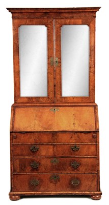 Lot 1319 - AN EARLY 18TH CENTURY HERRING BANDED FIGURED WALNUT BUREAU BOOKCASE